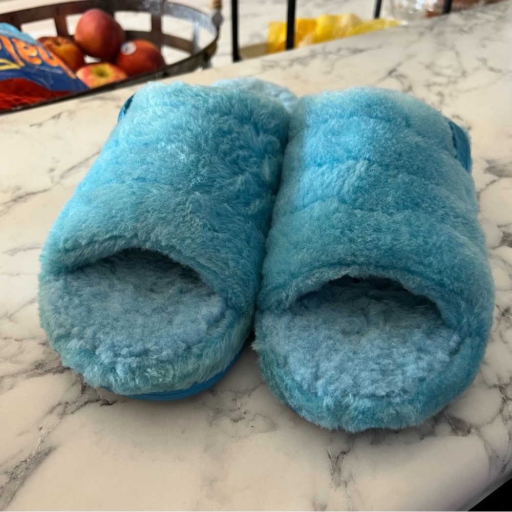 UGG FLUFF YOU Men’s Slipper Sandals 9 Blue Sheepskin Fur - Picture 7 of 14